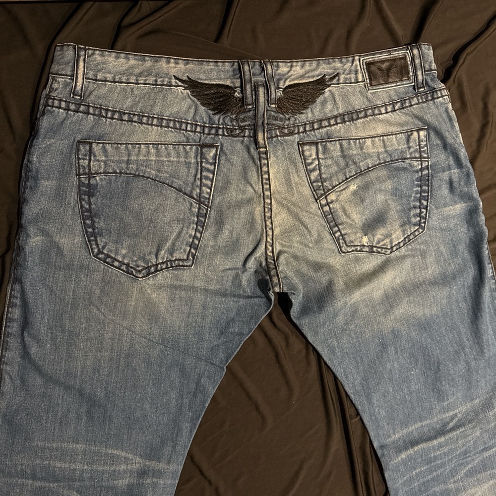 Robins Jeans Marlon Patch Blue Embroidered Wings Straight Leg 44
